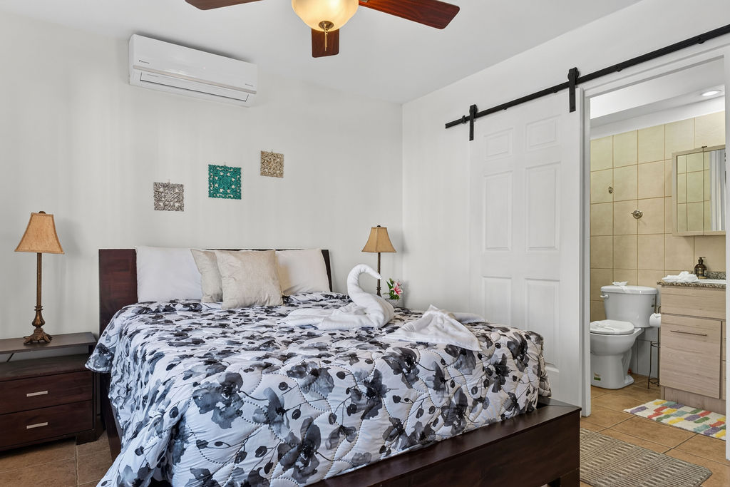 Queen bedroom with mini split air conditioning and en suite bathroom